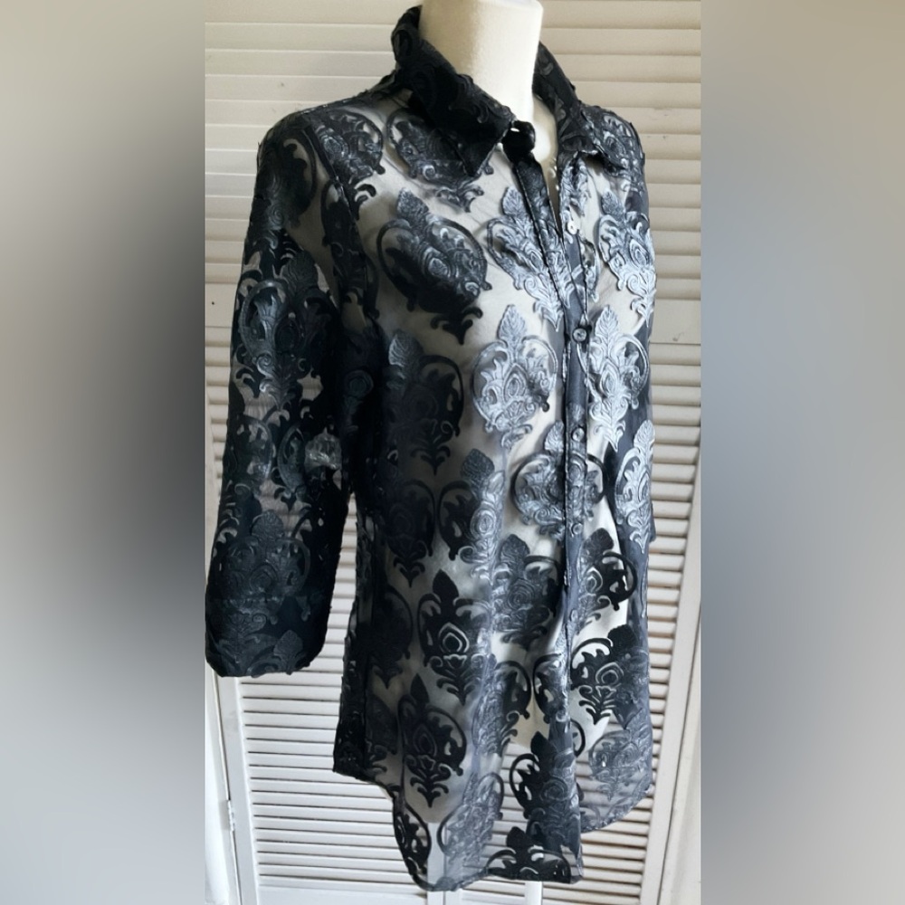 Vintage 90s sexy shirt by Boho Chic, black lace w/ faux leather appliqués
Tag on
